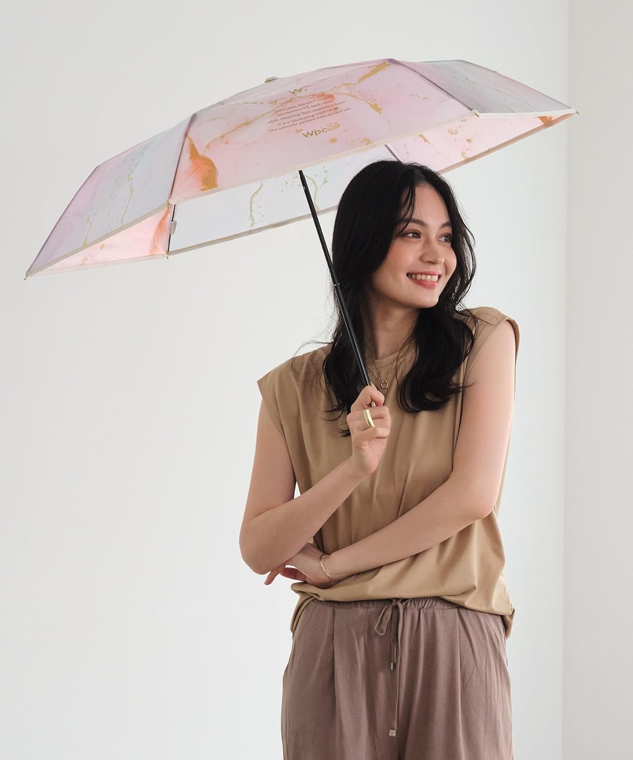 Wpc. Mini Light Vinyl Folding Umbrella Alcohol Ink Art Baby Pink Gold 29cm 195g