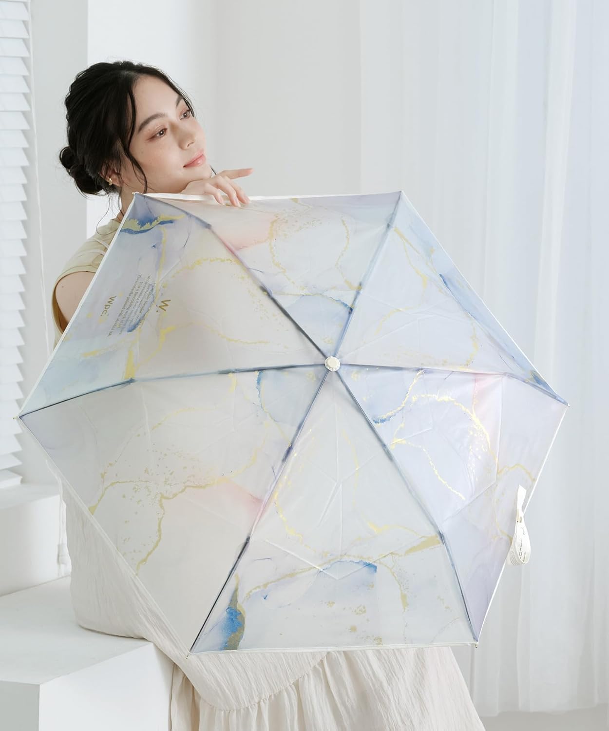 Wpc. Mini Light Vinyl Folding Umbrella Alcohol Ink Art Sky Blue Gold 29cm 195g