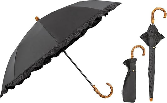 Luxury Womens 2-Tier Folding Black Umbrella Frill Suncut UV SPF 50+ 50cm