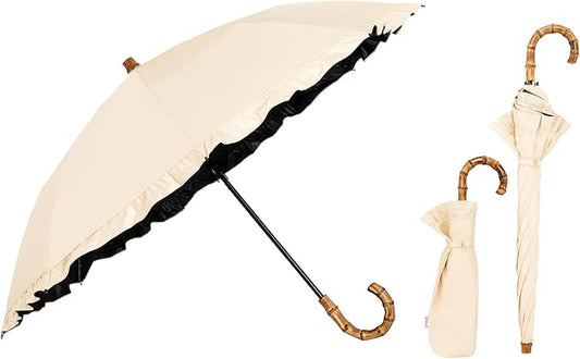 Luxury Womens 2-Tier Folding Beige Umbrella Frill Suncut UV SPF 50+ 50cm