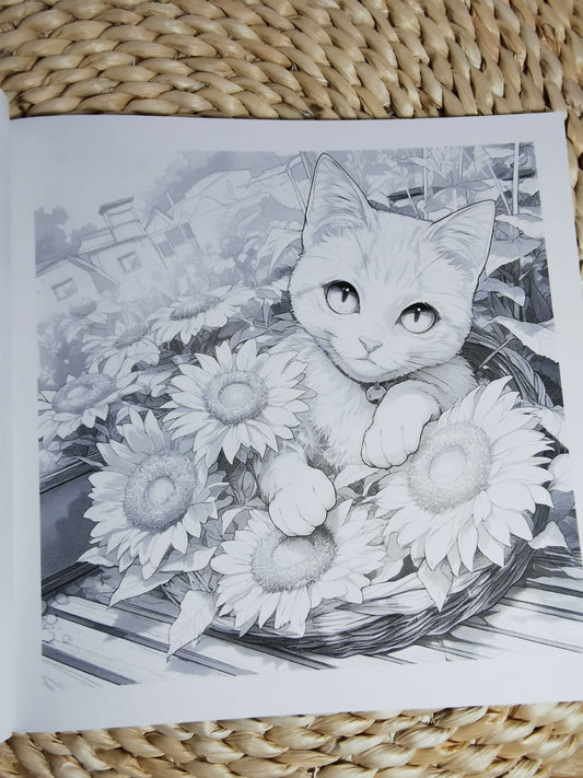 Adult Sketch Colouring Book: Cats and Flowers  -  Colour Mindlessly and Refresh