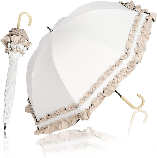 Luxury Womens Ruffled Umbrella White Beige Frill UV Protection Rain Protection