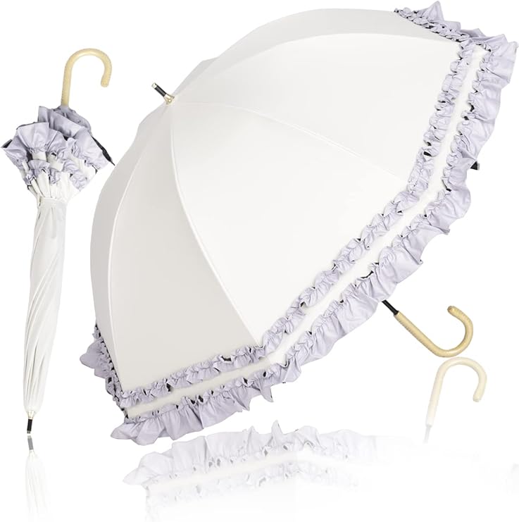 Luxury Womens Ruffled Umbrella White Lavender UV Protection Rain Protection