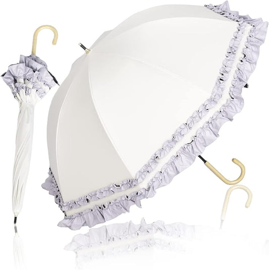 Luxury Womens Ruffled Umbrella White Lavender UV Protection Rain Protection
