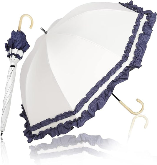 Luxury Womens Ruffled Umbrella White Navy Frill UV Protection Rain Protection