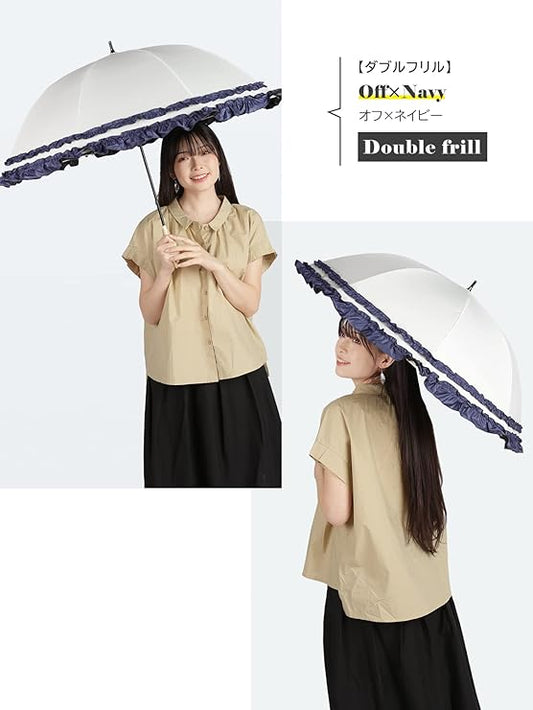 Luxury Womens Ruffled Umbrella White Navy Frill UV Protection Rain Protection