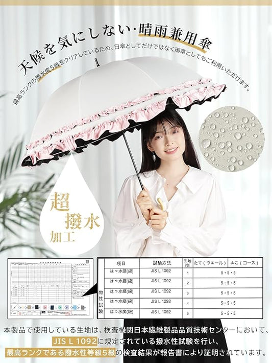 Luxury Womens Ruffled Umbrella White Pink Frill UV Protection Rain Protection
