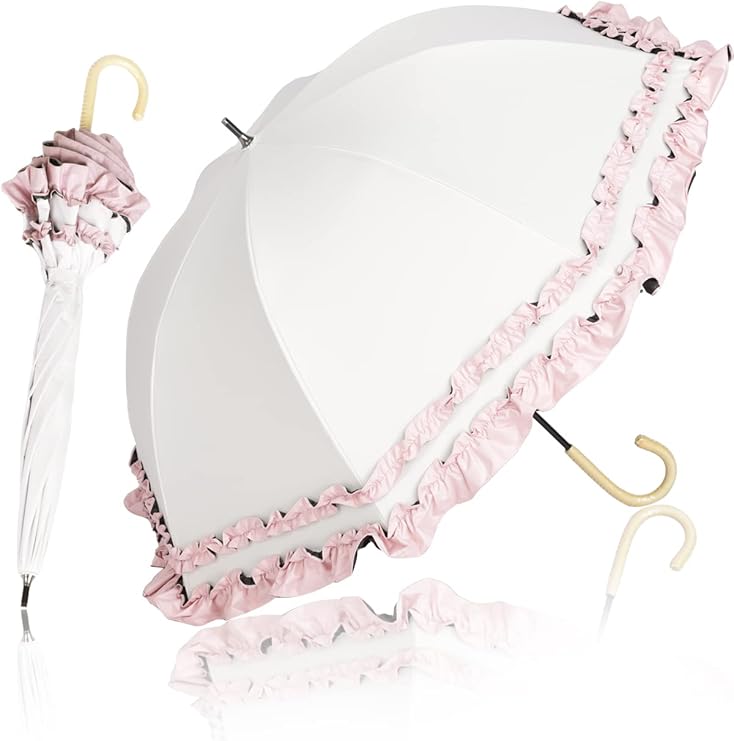 Luxury Womens Ruffled Umbrella White Pink Frill UV Protection Rain Protection