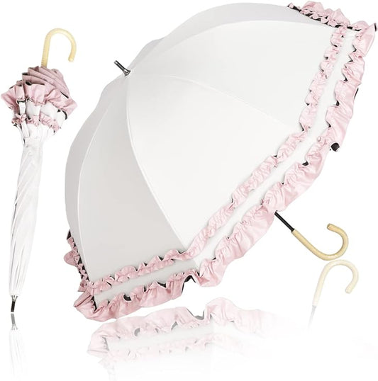 Luxury Womens Ruffled Umbrella White Pink Frill UV Protection Rain Protection
