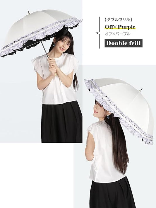 Luxury Womens Ruffled Umbrella White Lavender UV Protection Rain Protection