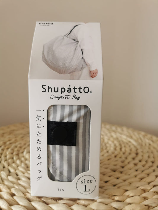 MARNA Shupatto Compact Bag Eco Bag Folding  L size White Grey Stripes 40L