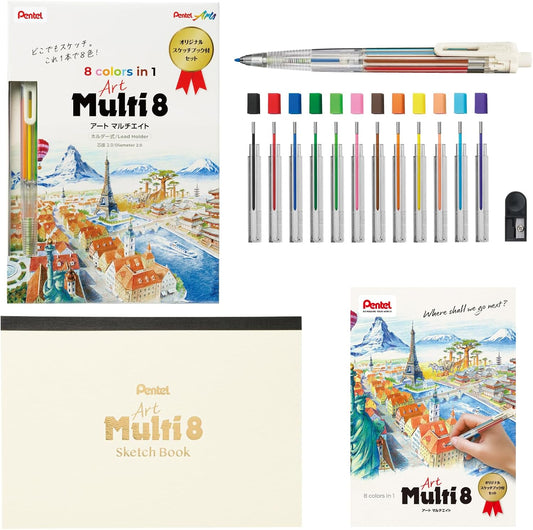 Pentel Art Multi8 Coloured Mechanical Pencil 8-in-1 with 12-Colour Refill and Sketchbook XPH804STSB