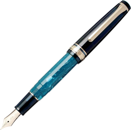 Sailor Professional Gear Slim Mini Rencontre Fountain Pen Medium Fine 14K Nib La Mer The Sea Black Azure Blue 11-2231-360