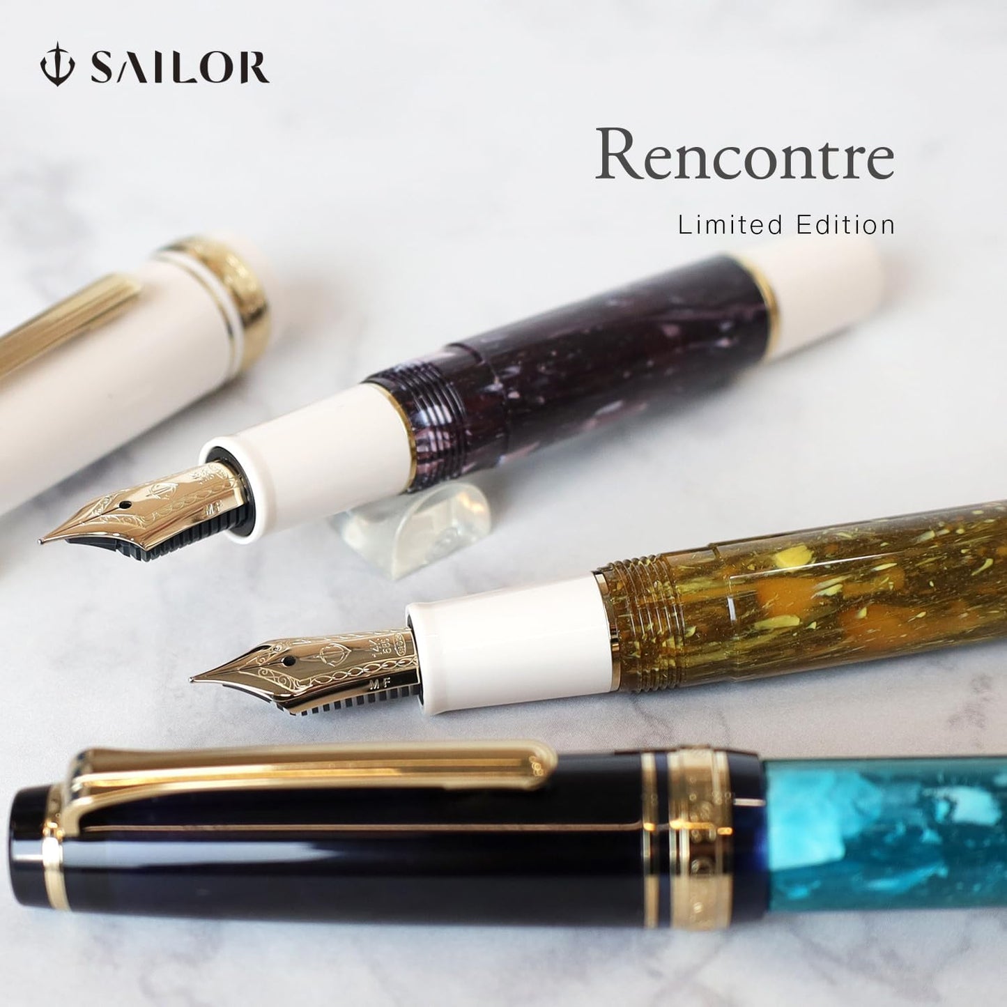 Sailor Professional Gear Slim Mini Rencontre Fountain Pen Medium Fine 14K Nib La Mer The Sea Black Azure Blue 11-2231-360