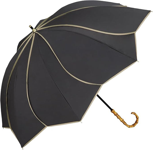 Cute Long Womens Black Long Flower Umbrella UV 50+ Rain and Sun Proof 55cm