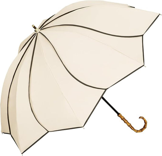 Cute Long Womens Beige Long Flower Umbrella UV 50+ Rain and Sun Proof 55cm